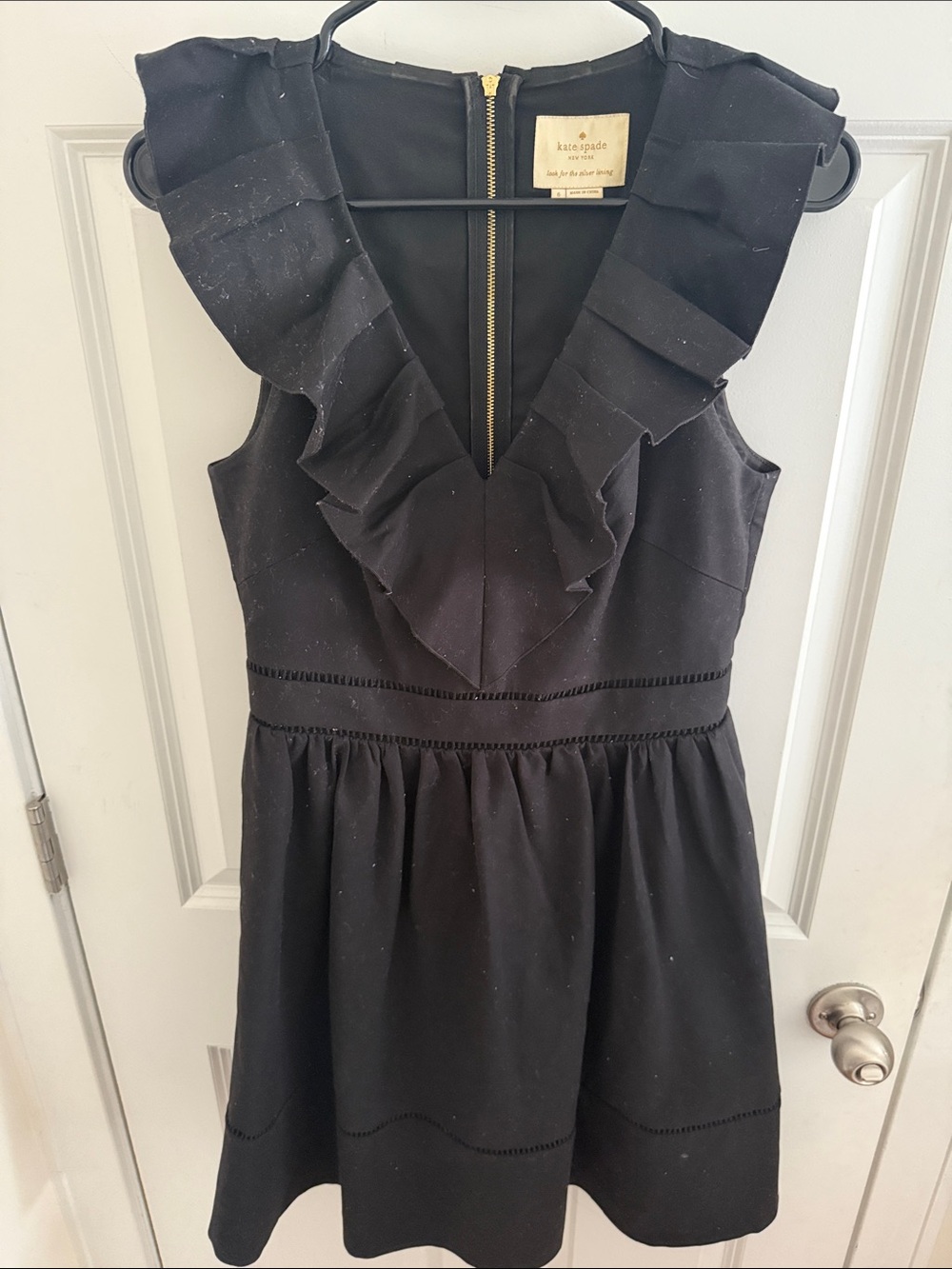 kate spade black ruffle V-neck fit-and-flare dress with gold zipper